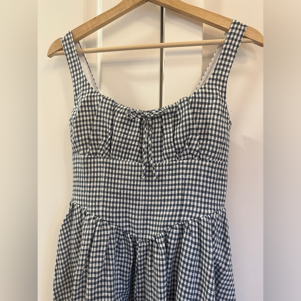 NEW Reformation Balia Midi Linen Dress in Slate Check Plaid Navy White  | size 2 - Picture 10 of 16